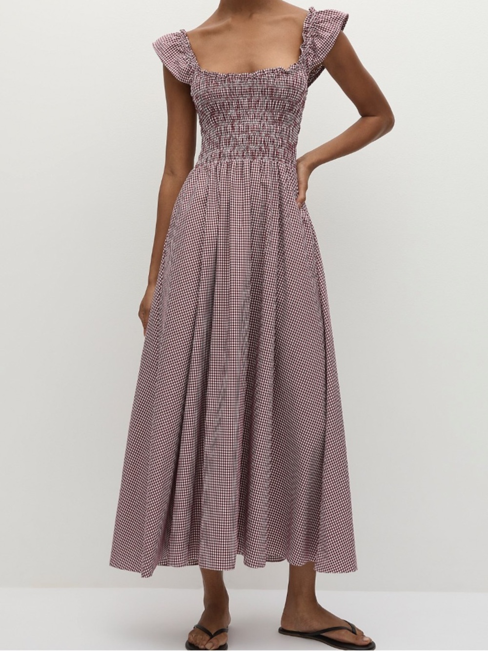 Faithfull the Brand Eudora Burgundy and White Gingham Midi Dress